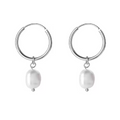 A pair of sterling silver hoop earrings with freshwater pearl drops.