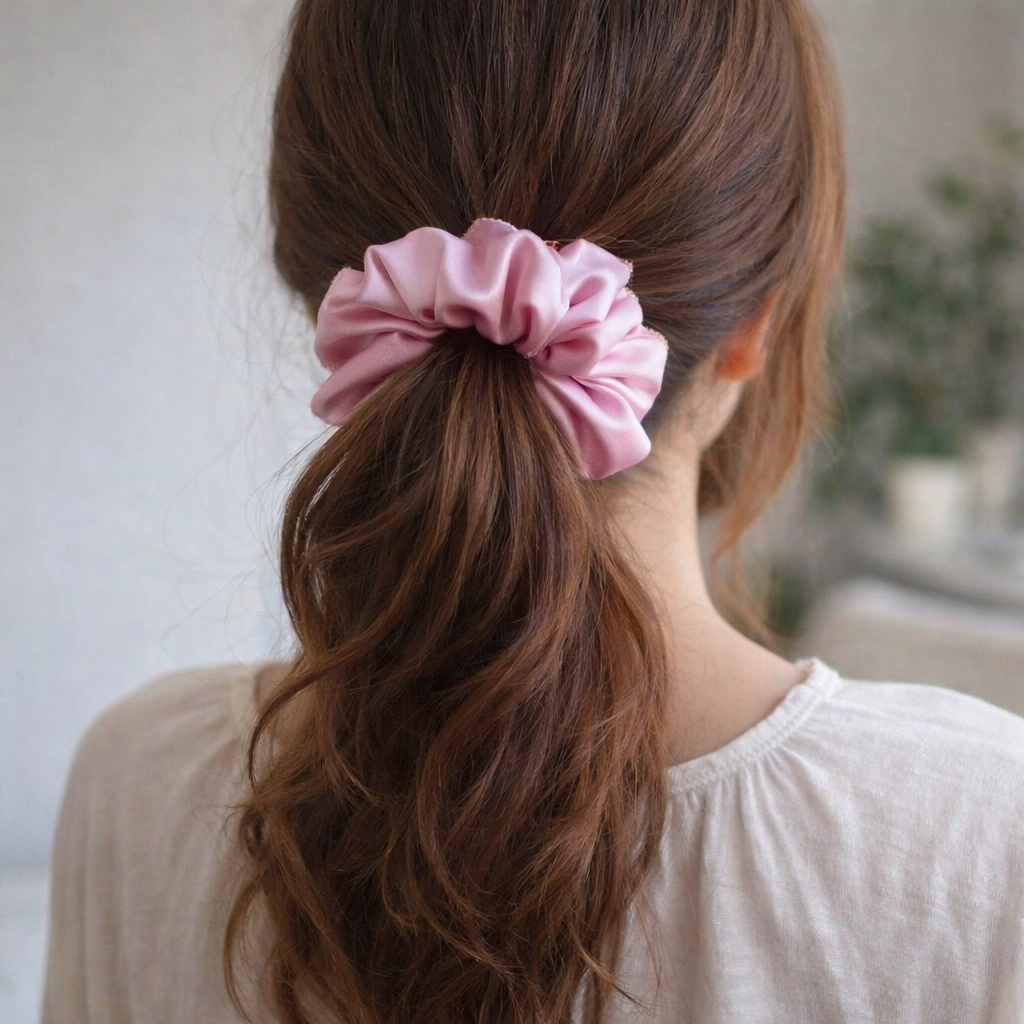 Person with brown hair tied in a ponytail with a pink scrunchie, wearing a beige sweater.