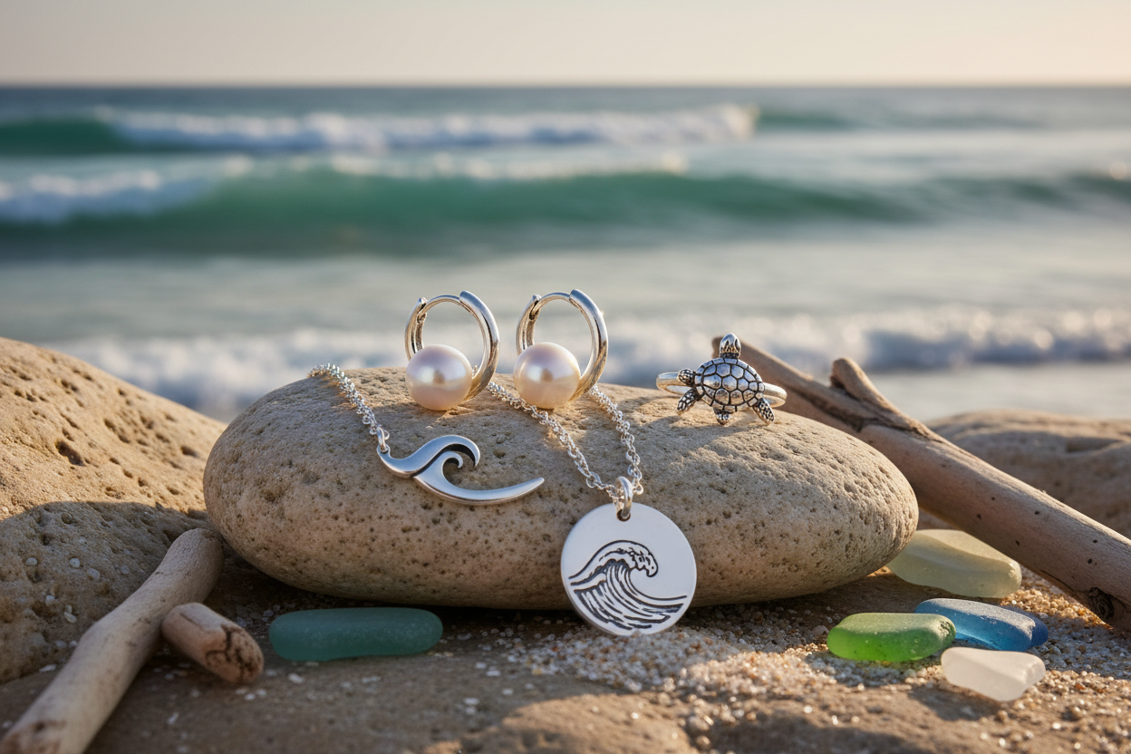 sterling silver beach jewellery laying on the rocks by the beach. Examples include freshwater pearl hoop earrings, sea turtle ring, wave necklace on a disk etc